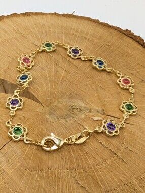 18k Gold Filled Colorful Flower Link Bracelet - 7.5in